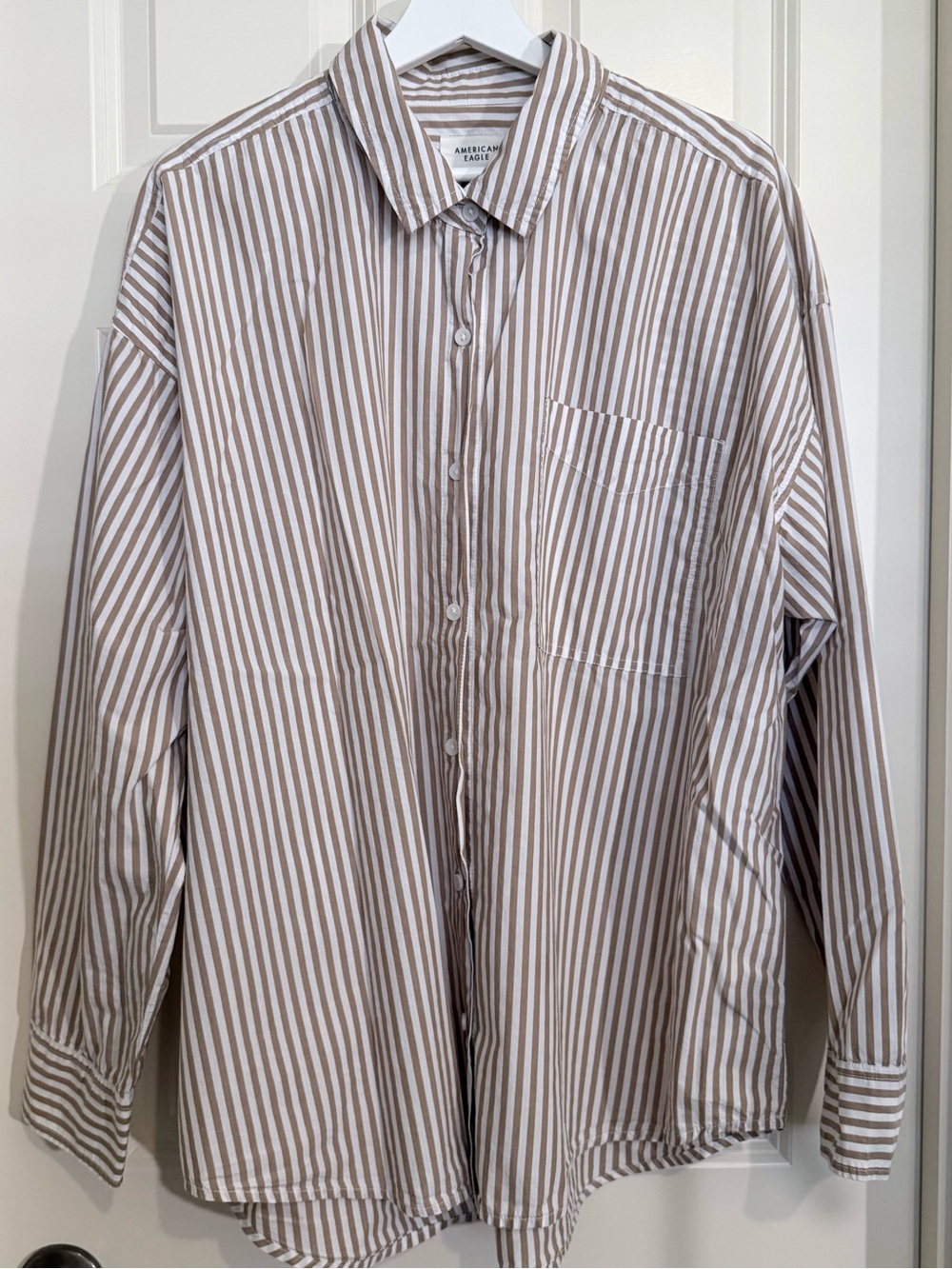 American Eagle Women’s 100% Cotton Tan & White Striped Button-Up Shirt